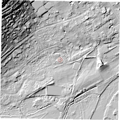 Shaded relief map of the ground around SL72AJ, computed from Environment Agency LiDAR. The ground here sits at about 28 m above sea level and falls 34 m across the surrounding 800 m. Surface water reaching this point runs off ground lying to the north-north-east, 6.2 m higher.