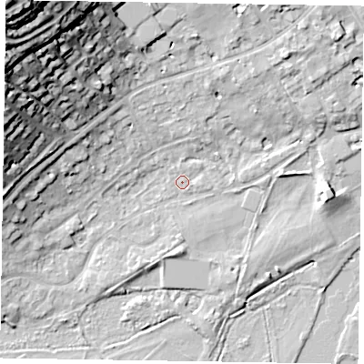 Shaded relief map of the ground around SL72AL, computed from Environment Agency LiDAR. The ground here sits at about 28 m above sea level and falls 38 m across the surrounding 800 m. Surface water reaching this point runs off ground lying to the north-west, 37.5 m higher.