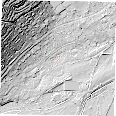 Shaded relief map of the ground around SL72AN, computed from Environment Agency LiDAR. The ground here sits at about 28 m above sea level and falls 42 m across the surrounding 800 m. Surface water reaching this point runs off ground lying to the west-north-west, 6.3 m higher.