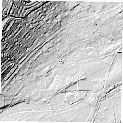 Shaded relief map of the ground around SL72AP, computed from Environment Agency LiDAR. The ground here sits at about 28 m above sea level and falls 46 m across the surrounding 800 m. Surface water reaching this point runs off ground lying to the north-north-west, 1.6 m higher.