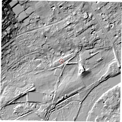 Shaded relief map of the ground around SL72AQ, computed from Environment Agency LiDAR. The ground here sits at about 29 m above sea level and falls 20 m across the surrounding 800 m. Surface water reaching this point runs off ground lying to the east-south-east, 1.5 m higher.