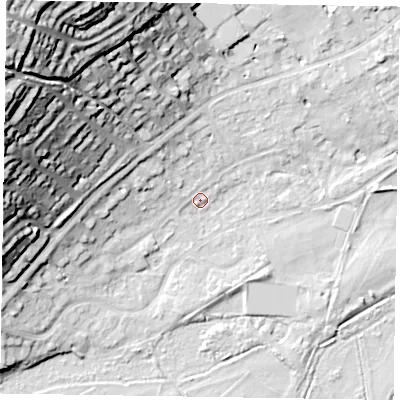Shaded relief map of the ground around SL72AR, computed from Environment Agency LiDAR. The ground here sits at about 29 m above sea level and falls 46 m across the surrounding 800 m. Surface water reaching this point runs off ground lying to the west-north-west, 5.5 m higher.