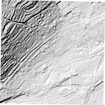 Shaded relief map of the ground around SL72AS, computed from Environment Agency LiDAR. The ground here sits at about 30 m above sea level and falls 50 m across the surrounding 800 m. Surface water reaching this point runs off ground lying to the north-west, 4.6 m higher.