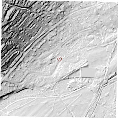 Shaded relief map of the ground around SL72AU, computed from Environment Agency LiDAR. The ground here sits at about 28 m above sea level and falls 46 m across the surrounding 800 m. Surface water reaching this point runs off ground lying to the west-north-west, 34.7 m higher.