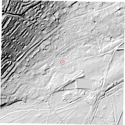 Shaded relief map of the ground around SL72AW, computed from Environment Agency LiDAR. The ground here sits at about 28 m above sea level and falls 45 m across the surrounding 800 m. Surface water reaching this point runs off ground lying to the north-west, 5.3 m higher.