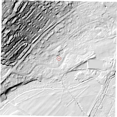 Shaded relief map of the ground around SL72AX, computed from Environment Agency LiDAR. The ground here sits at about 28 m above sea level and falls 48 m across the surrounding 800 m. Surface water reaching this point runs off ground lying to the west-north-west, 41.5 m higher.