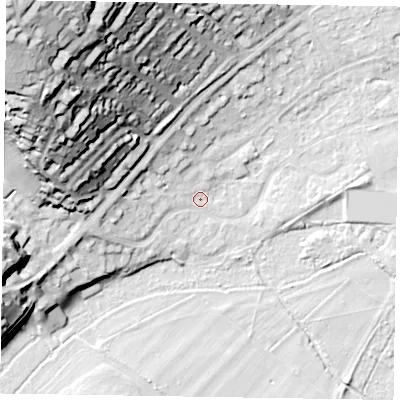 Shaded relief map of the ground around SL72AY, computed from Environment Agency LiDAR. The ground here sits at about 29 m above sea level and falls 52 m across the surrounding 800 m. Surface water reaching this point runs off ground lying to the north-west, 48.0 m higher.