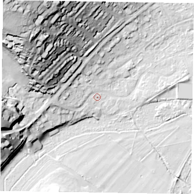 Shaded relief map of the ground around SL72AZ, computed from Environment Agency LiDAR. The ground here sits at about 29 m above sea level and falls 53 m across the surrounding 800 m. Surface water reaching this point runs off ground lying to the north-west, 50.1 m higher.