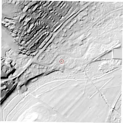Shaded relief map of the ground around SL72BA, computed from Environment Agency LiDAR. The ground here sits at about 29 m above sea level and falls 51 m across the surrounding 800 m. Surface water reaching this point runs off ground lying to the west, 7.3 m higher.