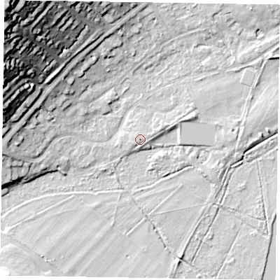 Shaded relief map of the ground around SL72BD, computed from Environment Agency LiDAR. The ground here sits at about 29 m above sea level and falls 39 m across the surrounding 800 m. Surface water reaching this point runs off ground lying to the east-north-east, 1.4 m higher.