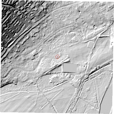 Shaded relief map of the ground around SL72BG, computed from Environment Agency LiDAR. The ground here sits at about 29 m above sea level and falls 38 m across the surrounding 800 m. Surface water reaching this point runs off ground lying to the north-west, 36.2 m higher.