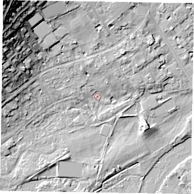 Shaded relief map of the ground around SL72BH, computed from Environment Agency LiDAR. The ground here sits at about 29 m above sea level and falls 33 m across the surrounding 800 m. Surface water reaching this point runs off ground lying to the north, 4.8 m higher.