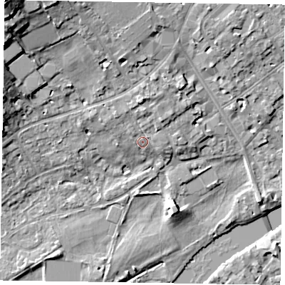 Shaded relief map of the ground around SL72BJ, computed from Environment Agency LiDAR. The ground here sits at about 31 m above sea level and falls 20 m across the surrounding 800 m. Surface water reaching this point runs off ground lying to the north, 3.2 m higher.