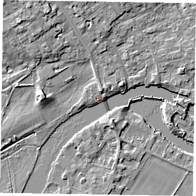 Shaded relief map of the ground around SL72BL, computed from Environment Agency LiDAR. The ground here sits at about 28 m above sea level and falls 9 m across the surrounding 800 m. Surface water reaching this point runs off ground lying to the north-north-west, 7.1 m higher.