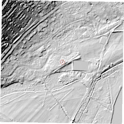 Shaded relief map of the ground around SL72BQ, computed from Environment Agency LiDAR. The ground here sits at about 29 m above sea level and falls 37 m across the surrounding 800 m. Surface water reaching this point runs off ground lying to the east-south-east, 1.4 m higher.