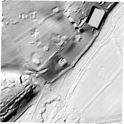 Shaded relief map of the ground around SL72DU, computed from Environment Agency LiDAR. The ground here sits at about 39 m above sea level and falls 53 m across the surrounding 800 m. Surface water reaching this point runs off ground lying to the west-north-west, 15.9 m higher.