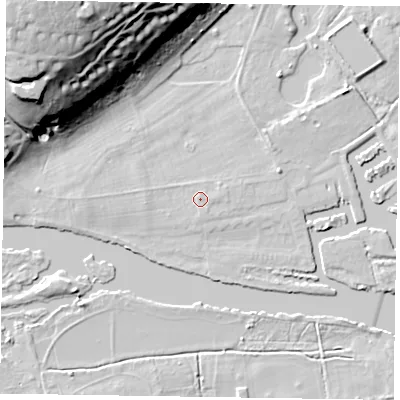 Shaded relief map of the ground around SL72DX, computed from Environment Agency LiDAR. The ground here sits at about 30 m above sea level and falls 36 m across the surrounding 800 m. The ground contributing surface water to this point lies to the south-east.