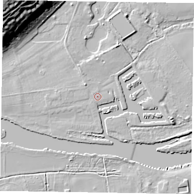 Shaded relief map of the ground around SL72DY, computed from Environment Agency LiDAR. The ground here sits at about 29 m above sea level and falls 32 m across the surrounding 800 m. Surface water reaching this point runs off ground lying to the north-west, 1.5 m higher.