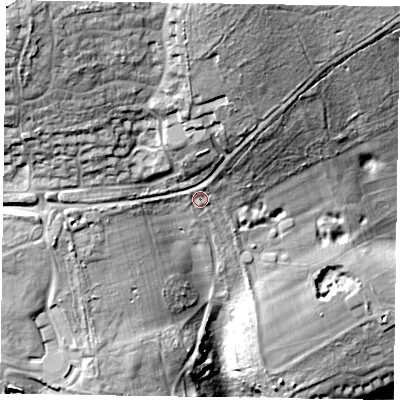 Shaded relief map of the ground around SL72EB, computed from Environment Agency LiDAR. The ground here sits at about 69 m above sea level and falls 43 m across the surrounding 800 m. Surface water reaching this point runs off ground lying to the north, 2.3 m higher.