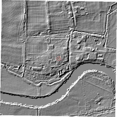 Shaded relief map of the ground around SL72ER, computed from Environment Agency LiDAR. The ground here sits at about 31 m above sea level and falls 3 m across the surrounding 800 m. The ground contributing surface water to this point lies to the north-north-east.