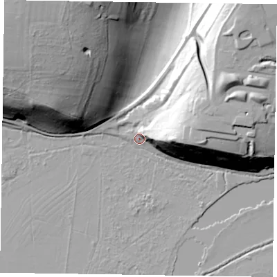Shaded relief map of the ground around SL72EY, computed from Environment Agency LiDAR. The ground here sits at about 31 m above sea level and falls 45 m across the surrounding 800 m. Surface water reaching this point runs off ground lying to the east, 28.8 m higher.