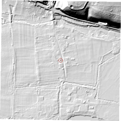 Shaded relief map of the ground around SL72EZ, computed from Environment Agency LiDAR. The ground here sits at about 31 m above sea level and falls 40 m across the surrounding 800 m. Surface water reaching this point runs off ground lying to the east-south-east, 1.3 m higher.