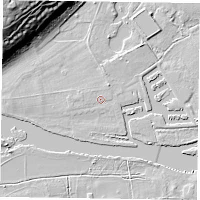 Shaded relief map of the ground around SL72FD, computed from Environment Agency LiDAR. The ground here sits at about 29 m above sea level and falls 35 m across the surrounding 800 m. Surface water reaching this point runs off ground lying to the west, 0.9 m higher.