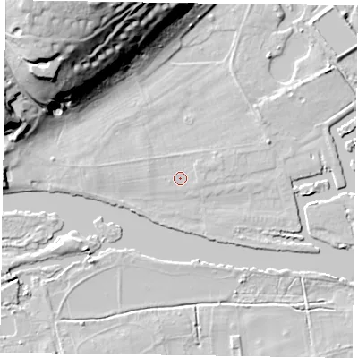 Shaded relief map of the ground around SL72FG, computed from Environment Agency LiDAR. The ground here sits at about 29 m above sea level and falls 35 m across the surrounding 800 m. Surface water reaching this point runs off ground lying to the west-north-west, 0.7 m higher.