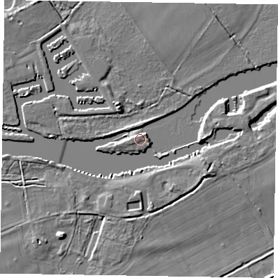 Shaded relief map of the ground around SL72FL, computed from Environment Agency LiDAR. The ground here sits at about 29 m above sea level and falls 5 m across the surrounding 800 m. Surface water reaching this point runs off ground lying to the west, 0.6 m higher.