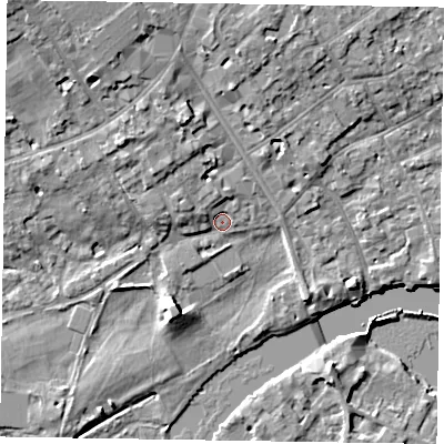 Shaded relief map of the ground around SL72FW, computed from Environment Agency LiDAR. The ground here sits at about 29 m above sea level and falls 12 m across the surrounding 800 m. Surface water reaching this point runs off ground lying to the north-west, 4.0 m higher.