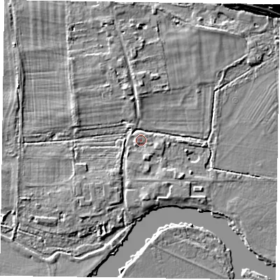 Shaded relief map of the ground around SL72HB, computed from Environment Agency LiDAR. The ground here sits at about 30 m above sea level and falls 12 m across the surrounding 800 m. Surface water reaching this point runs off ground lying to the south, 2.0 m higher.