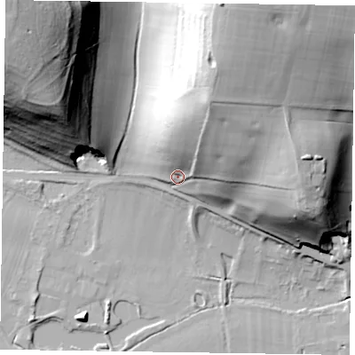 Shaded relief map of the ground around SL72HE, computed from Environment Agency LiDAR. The ground here sits at about 42 m above sea level and falls 63 m across the surrounding 800 m. Surface water reaching this point runs off ground lying to the north-north-east, 27.2 m higher.