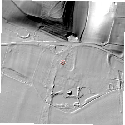 Shaded relief map of the ground around SL72HQ, computed from Environment Agency LiDAR. The ground here sits at about 31 m above sea level and falls 58 m across the surrounding 800 m. Surface water reaching this point runs off ground lying to the south, 1.8 m higher.