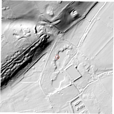 Shaded relief map of the ground around SL72SL, computed from Environment Agency LiDAR. The ground here sits at about 30 m above sea level and falls 43 m across the surrounding 800 m. Surface water reaching this point runs off ground lying to the west-north-west, 2.3 m higher.