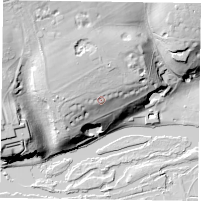 Shaded relief map of the ground around SL72SN, computed from Environment Agency LiDAR. The ground here sits at about 56 m above sea level and falls 43 m across the surrounding 800 m. Surface water reaching this point runs off ground lying to the north-west, 9.2 m higher.