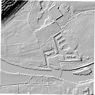 Shaded relief map of the ground around SL72SR, computed from Environment Agency LiDAR. The ground here sits at about 29 m above sea level and falls 30 m across the surrounding 800 m. The ground contributing surface water to this point lies to the north-west.