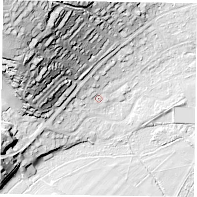 Shaded relief map of the ground around SL72SZ, computed from Environment Agency LiDAR. The ground here sits at about 30 m above sea level and falls 55 m across the surrounding 800 m. Surface water reaching this point runs off ground lying to the north-west, 5.0 m higher.