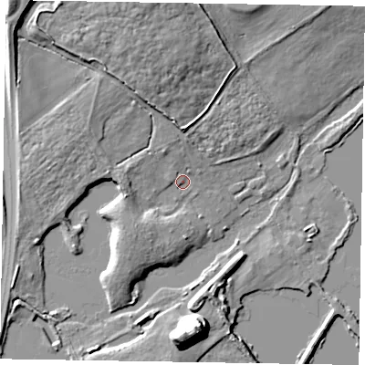 Shaded relief map of the ground around SL73FJ, computed from Environment Agency LiDAR. The ground here sits at about 28 m above sea level and falls 16 m across the surrounding 800 m. Surface water reaching this point runs off ground lying to the north-north-west, 4.8 m higher.