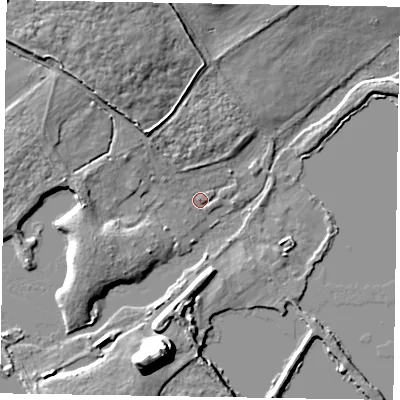 Shaded relief map of the ground around SL73RH, computed from Environment Agency LiDAR. The ground here sits at about 28 m above sea level and falls 16 m across the surrounding 800 m. Surface water reaching this point runs off ground lying to the north-west, 3.5 m higher.