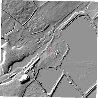 Shaded relief map of the ground around SL73RQ, computed from Environment Agency LiDAR. The ground here sits at about 27 m above sea level and falls 16 m across the surrounding 800 m. Surface water reaching this point runs off ground lying to the south, 1.4 m higher.