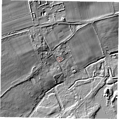 Shaded relief map of the ground around SL73RT, computed from Environment Agency LiDAR. The ground here sits at about 30 m above sea level and falls 16 m across the surrounding 800 m. Surface water reaching this point runs off ground lying to the north-north-west, 12.2 m higher.