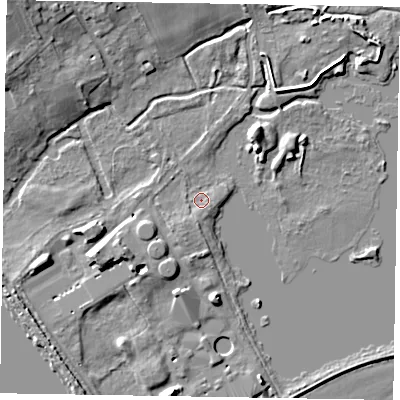 Shaded relief map of the ground around SL73RX, computed from Environment Agency LiDAR. The ground here sits at about 27 m above sea level and falls 11 m across the surrounding 800 m. Surface water reaching this point runs off ground lying to the south-south-west, 1.6 m higher.