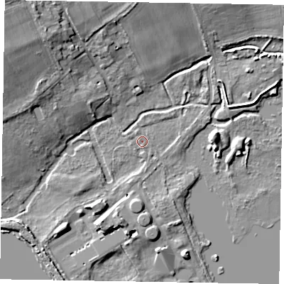 Shaded relief map of the ground around SL73RY, computed from Environment Agency LiDAR. The ground here sits at about 27 m above sea level and falls 14 m across the surrounding 800 m. Surface water reaching this point runs off ground lying to the south, 1.0 m higher.