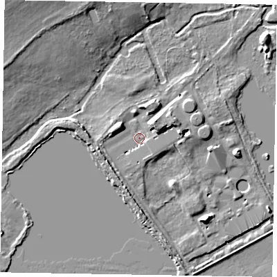 Shaded relief map of the ground around SL73SB, computed from Environment Agency LiDAR. The ground here sits at about 27 m above sea level and falls 11 m across the surrounding 800 m. Surface water reaching this point runs off ground lying to the north-east, 4.6 m higher.