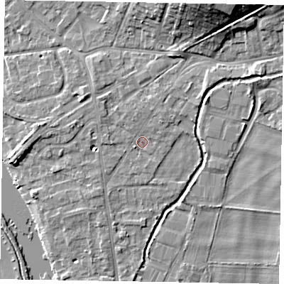 Shaded relief map of the ground around SL85AA, computed from Environment Agency LiDAR. The ground here sits at about 29 m above sea level and falls 15 m across the surrounding 800 m. Surface water reaching this point runs off ground lying to the north-north-east, 1.4 m higher.