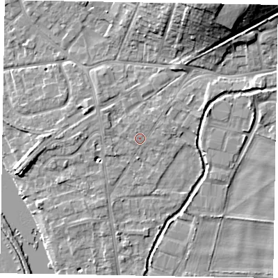 Shaded relief map of the ground around SL85AE, computed from Environment Agency LiDAR. The ground here sits at about 29 m above sea level and falls 18 m across the surrounding 800 m. Surface water reaching this point runs off ground lying to the north-east, 0.8 m higher.