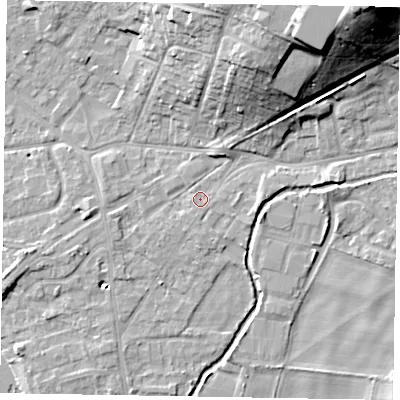 Shaded relief map of the ground around SL85AG, computed from Environment Agency LiDAR. The ground here sits at about 30 m above sea level and falls 26 m across the surrounding 800 m. The ground contributing surface water to this point lies to the south-east.
