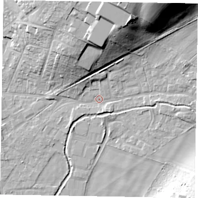 Shaded relief map of the ground around SL85AL, computed from Environment Agency LiDAR. The ground here sits at about 29 m above sea level and falls 31 m across the surrounding 800 m. Surface water reaching this point runs off ground lying to the north-north-east, 29.5 m higher.