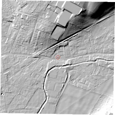 Shaded relief map of the ground around SL85AP, computed from Environment Agency LiDAR. The ground here sits at about 29 m above sea level and falls 31 m across the surrounding 800 m. Surface water reaching this point runs off ground lying to the north-east, 28.9 m higher.