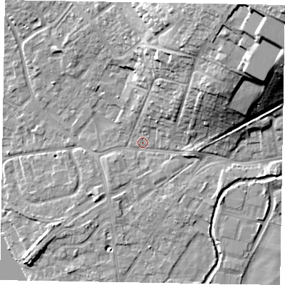 Shaded relief map of the ground around SL85AR, computed from Environment Agency LiDAR. The ground here sits at about 29 m above sea level and falls 30 m across the surrounding 800 m. Surface water reaching this point runs off ground lying to the north-east, 25.9 m higher.